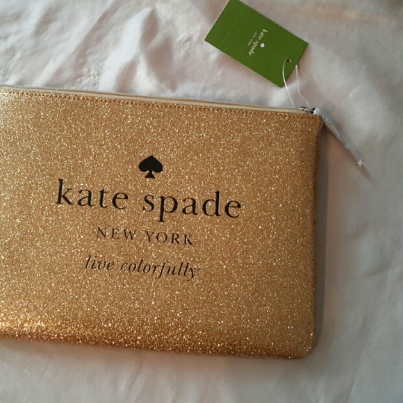 Kate Spade pouch"live colorfully" gold sparkle NWT - Picture 1 of 4